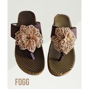 FOGG Womens EU 37 Brown Floral Thong Wedge Sandals Platform Slip On Boho Flowers